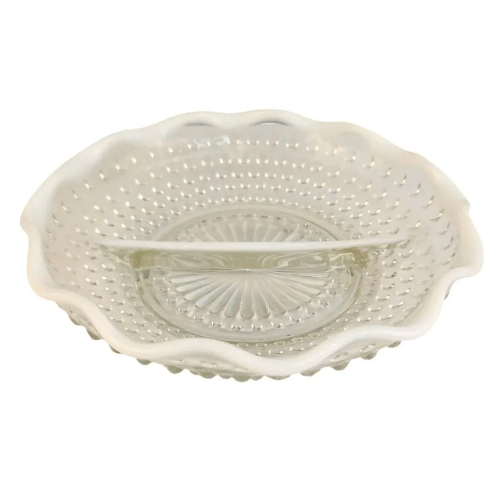 Vintage Hobnail Opalescent Relish Dish Divided Glass Scalloped Serving Bowl